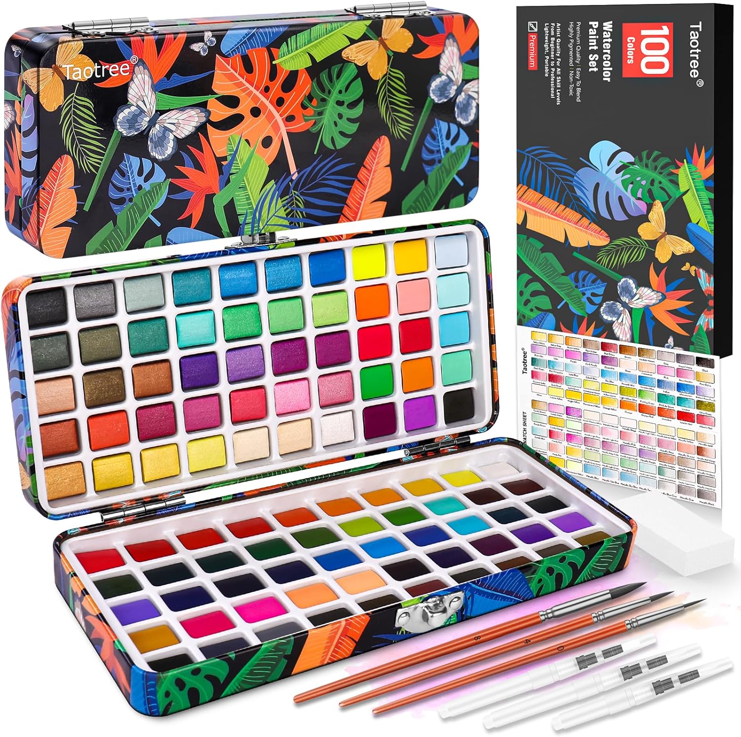 Taotree watercolor paint set 100 colors with brushes for travel art